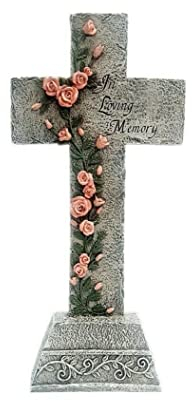 Kingdom Supplies Biblegifts Grabkreuz in liebevoller Erinnerung, Steinoptik, Kunstharz, Rosa, Kletterrose, 32 cm, in Geschenkbox