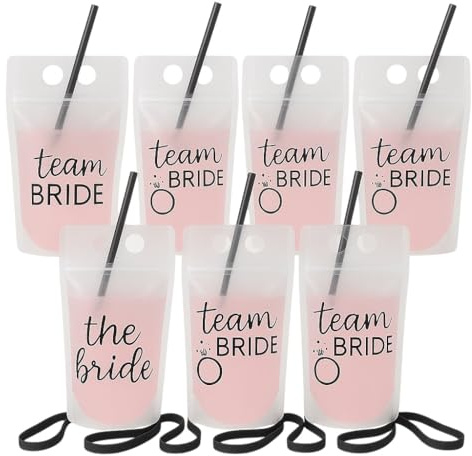 Getränkebeutel Trinkbeutel JGA Party Bride & Team Bride transparent Mehrweg-Getränkebeutel mit Strohhalm & Umhängeband Accessoires & Zubehör Junggesellenabschied Frauen Junggesellinnenabschied 7 Stk.