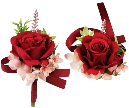 MAFELOE 2-teiliges Handgelenk-Ansteckblume und Boutonniere-Set, künstliche Blumen, Accessoires, Anzug, Dekoration für Hochzeit, Abschlussball, Party, Heimkehr, Zeremonie, Jahrestag, Rot + Rosa