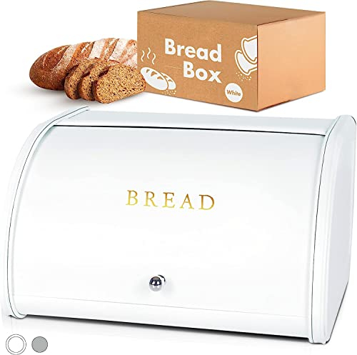 Scatola per pane bianca per piano di lavoro della cucina, scatola per pane ad angolo, Breadbox in acciaio inox, Scatole per pane per bancone da cucina, Porta pane, Contenitore per pane in metallo