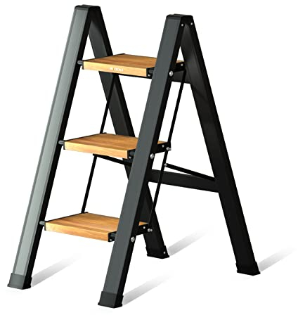 Midoli 3 Step Ladder Aluminum Lightweight Folding Step Stool for Adults with Anti-Slip Sturdy and Wide Pedal, with 330 Lbs Capacity Multi-Use for Household and Kitchen Portable Stepladder, Black-Wood