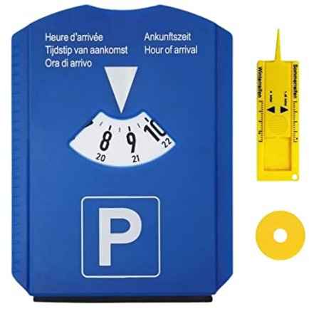 Disco parcheggio Zona Blu con Gratta Ghiaccio Parabrezza Auto | Calibro di Profondità Pneumatico Auto | Gettone del carrello | Disco Blu PVC Plastica | Durevole e Indechirabile per Sbarra Parcheggio