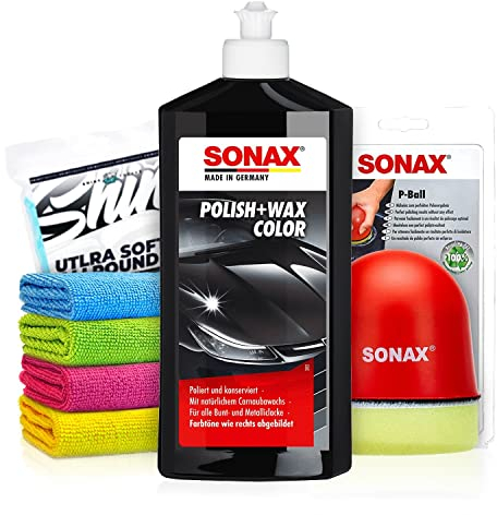 Politurset: SONAX Polish+Wax Color schwarz (500 ml) Auto Politur mit schwarzenFarbpigmenten und Wachsanteilen +Applikator + Mikrofasertücher | mühelos zum perfekten Polierergebnis | 6-Teilig