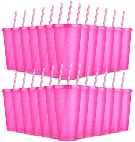 LEIFEOSH Plastic Tumblers with Lids and Straws, 24 Pcs Reusable Cups with Lids Plastic Colorful Cups for Parties Birthdays, Iced Coffee Cup Travel Mug Cold Drink Cups Bulk Tumblers (24 oz, Pink)