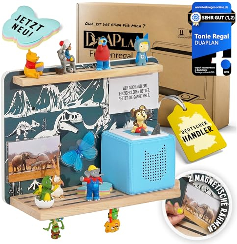 DUAPLAN Kinder-Regal Kompatibel mit Toniebox & 40 Tonies-Hörfiguren! [Jetzt NEU:Magnetisch] Platzsparendes Wandregal zur Aufbewahrung im Kinderzimmer Mädchen Jungen Grau Dino (Grau-Grün)