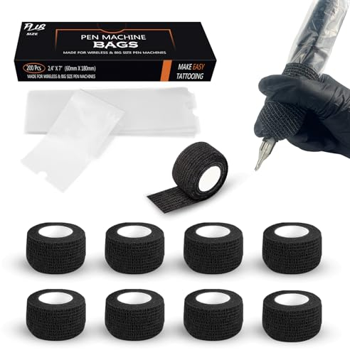 EZ Tattoo Maschinenabdeckungen mit Griffbändern - 9 Stück (2.5cm x 4.5m) Tattoo Grip Tapes with 200 Stück (6cm X 17.8cm) Disposable Tattoo Stift Maschinenabdeckungen