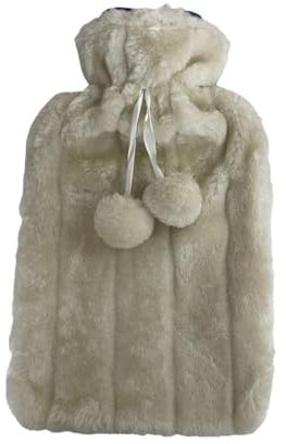 Hot Water Bottle with Cosy Faux Fur Pom Pom Cover | Fluffy Super Soft Large 2 Litre Bottle (Cream)