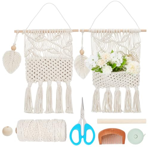 WEBEEDY Makramee-Aufbewahrungstaschenhalter Zum Aufhängen An Der Wand, Boho Hängeaufbewahrung Organizer Mit Briefhalter, Tasche, Blattanhänger Für Schlafzimmer, Wohnzimmer, Wand, Tür