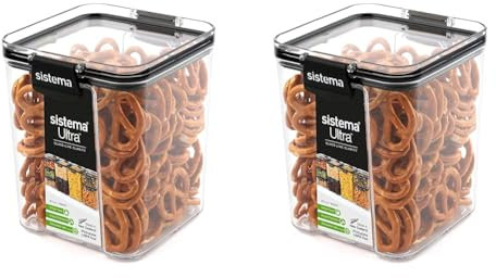 Sistema Ultra Tritan Airtight Pantry Storage Container, 920 ml Square Food Storage Container, Stackable with Locking Clips, BPA-Free, Clear with Black Accents (Pack of 2)