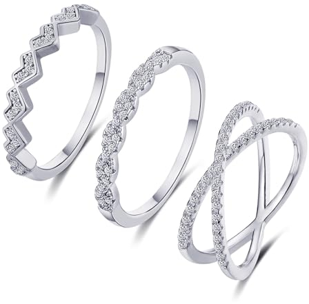 FUNEIA 3 Stück Ring Silber Damen Frauen Stapelbare Ringe Set 18 Karat Weißgold Ehering Verlobungsring Trauringe Weiß Zirkonia Fingerring Knöchelringe Schmuck Größe 49-62 (Silber Set A, 60(18.9))