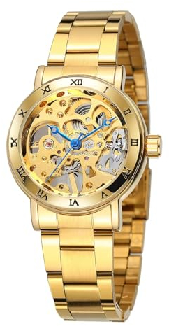 FORSINING Montre automatique pour femme - Squelette mécanique tendance - Bracelet en acier inoxydable - Cadran à chiffres romains - Montre de luxe pour femme, doré, Bracelet