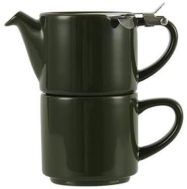 London Pottery Solo Filter Teapot and Mug for One Set, Ceramic, Green, Stainless Steel Lid Removable Infuser for Loose Leaf Tea, Gift (Teapot-10.1 fl.oz/300 ML, Mug-8.45 fl.oz/250ML)