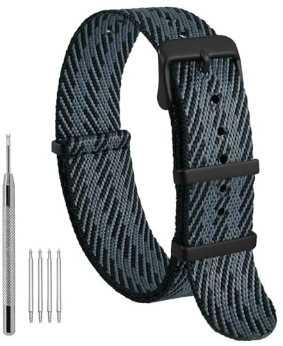 WOCCI 22mm Militär Nylon Uhrenarmband, Einteiliges Nylon Armband für Damen und Herren, Schwarze Schnalle (Grau Schwarz)