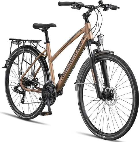 Licorne Bike Premium Touring Trekking Bike in 28 Zoll Aluminium Scheibenbremse Fahrrad für Jungen, Mädchen, Damen und Herren - 21 Gang-Schaltung - Mountainbike - Crossbike (Damen, Gold)