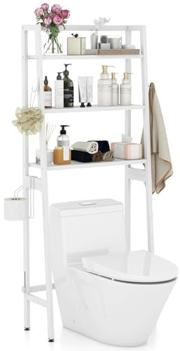 GOPLUS Toilettenregal, 3-stufiges Badezimmerregal mit 2 Haken und Toilettenpapierhalter, Waschmaschinenregal platzsparend für Badezimmer, Waschküche, Balkon (Weiß)
