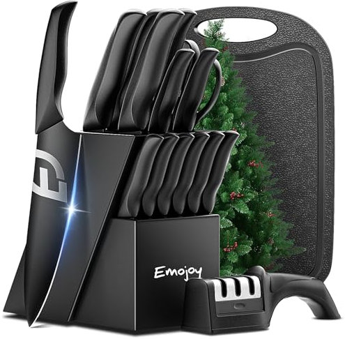 Emojoy Lot de 16 couteaux de cuisine avec aiguiseur professionnel en 3 étapes et planche à découper, noir