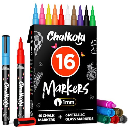 Chalkola 16 Kreidestifte für Tafel Abwaschbar - (16 Stifte 1mm, Kreidestift) | Kreidestifte für Fenster, Tafelkreide & Metallic Glasstifte, Chalk Marker, Kreidemarker Abwischbar, Fensterfarben