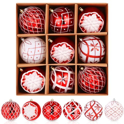 FAOKZE 9 Stück Christbaumkugeln,Christbaumkugeln Set,Glitter Christbaumkugeln Kunststoff,Bruchsichere Christbaumkugeln für Weihnachtsdekoration,Outdoor-geeignet (∅ 10 cm,Rot und weiß)
