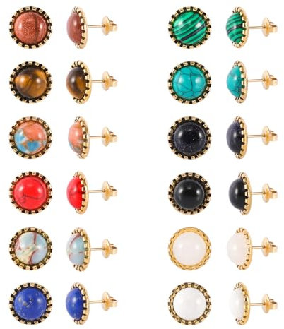 JMFENFA 12 Paar Multi Edelstein Ohrstecker Gold plattiert Edelstahl Türkis Tigerauge Onyx Lapislazuli Malachit Stein Ohrstecker Set für Frauen (Gold 6mm)