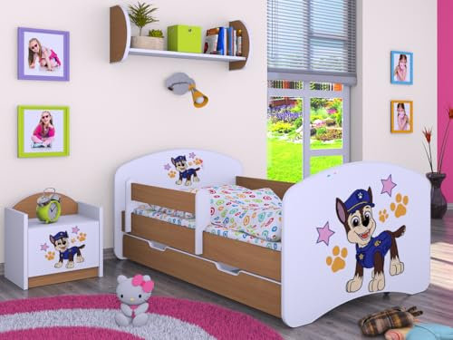 Happy Babies Kinderbett - mit Rausfallschutz Junge 140x70 Bett für Kinderzimmer mit Schublade & Matratze Einzelbett für Kinder Weiß/Blau Hundemotiv Police (Buche)