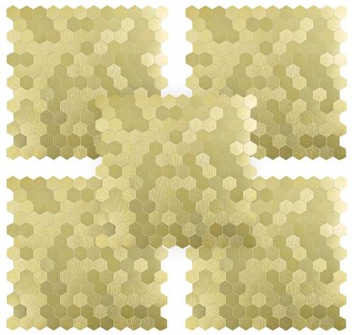 5 Pièces de Carreaux de Mosaïque Autocollants Auto-Adhésifs, Etanche et Huile - Autocollants de Fond Hexagonal Faciles à Nettoyer Adaptés aux Murs de Cuisine, aux Murs de la Salle de Bain, etc (or)