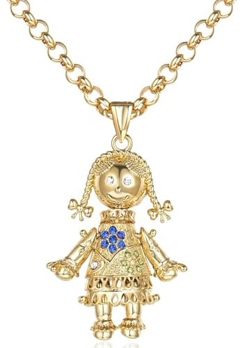 5.5mm Gold Rag Doll Pendant Chain Necklace With Multi Stones, 22-Inch, 45g, Gold Plated - Bling King London