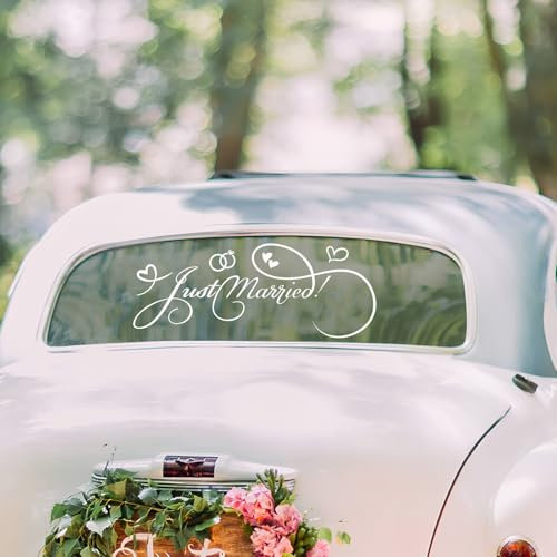 Aufkleber, Just Married Autoaufkleber, Hochzeitsauto Autoaufkleber Heck Wandaufkleber Wandtattoo Hochzeit Trauung Heiraten Sticker Vinyl Dekoration zur Hochzeit, für Auto-Heck,Spiegel,Herz-Ring-Stil