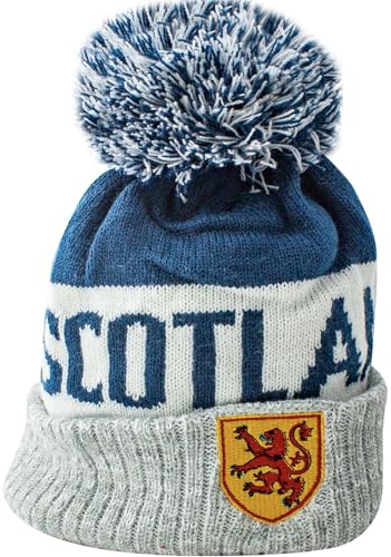 I LUV LTD Beanie Hat with Bobble, Double Knitted with Scotland Script, Saltire Logo, Lion Rampant Shield Design, Striped Winter Hats for Men and Women