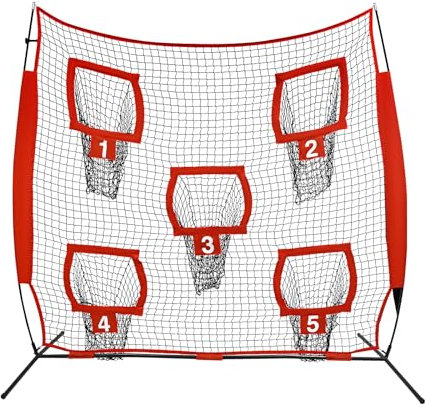 Trainingsnetz, Baseball-Softball-Übungsnetz mit 5 Zieltaschen, Rugby Wurfnetz Netz 2.13 x 2.13 m, Baseball Pitching Net für Schlagen, Fangen, Pitchen (Rot)
