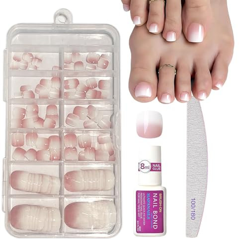 False Toenails Kit - 120 pcs Fake Toe Nails Set - Gradient Pink French False Toe nails - Short Square Stick on Toenails - Acrylic French Tip Toe nails - Full Cover Toe nail Tips for Big Small Toe