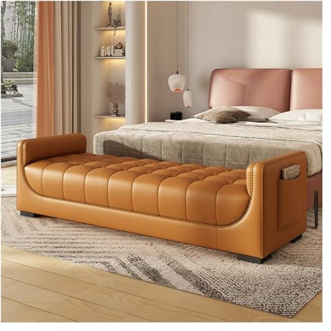 Moderne Leder Polsterbett End Bank mit Armlehnen und Aufbewahrungstaschen Orange 1,5m