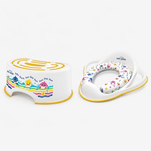 Baby Shark Step Stool Plus Baby Shark Padded Seat, Kids Toilet Training, Detachable Cushion, Lightweight, Anti-Stick Portable Seat 18M+ Toddler Toilet Range Yellow