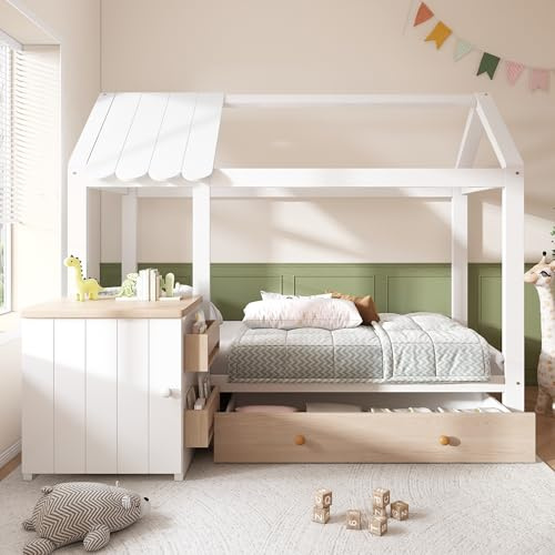 FAYICIC Hausbett Kinderbett 90x200 cm aus Massivholz mit Schubladen & abnehmbarem Nachttisch - Bodenbett in Weiß, ohne Matratze (Weiß-Eiche)