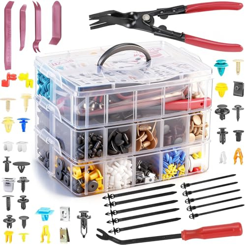 2080PCS Auto Retainer Clips Kit with Fastener Plier, Trim Removal Tools and 3-Layer Organizer Box, 33 Most Common Push Rivets for Car Bumper, Fender, Door Panel and Interior Repair