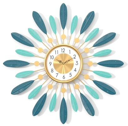 Funtabee® 60cm Blue & Gold Leaf Wall Clock – Large Art Deco Statement Clock, Silent Non-Ticking Clock for Living Room, Lounge, Dining & Bedroom
