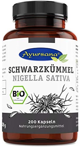 Ayursana Bio Schwarzkümmel Kapseln (200 Stück) – 1800 mg Schwarzkümmelpulver pro Tagesdosis – Ägypten - Nigella sativa – hochwertig, vegan, ohne Zusatzstoffe