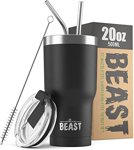 Beast Thermobecher 550 ml - Matt-schwarz I Mehrweg Thermo Kaffeebecher To Go mit 2 Strohhalmen & Reinigungsbürste I Doppelwandiger Trinkbecher aus Edelstahl I Perfekt für Kaffee oder Eiskaffee