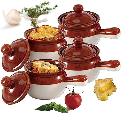 Chefcaptain 20oz Oven And Microwave Safe Soup Bowls With Lids, Stoneware Chili Crocks With Handles 4-Pack, French Onion Soup Crocks