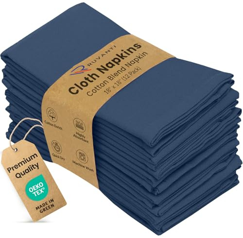 Ruvanti Cloth Napkins Set of 12, 18x18 Inches Napkins Cloth Washable, Soft, Durable, Absorbent, Cotton Blend. Table Dinner Napkins Cloth for Hotel, Lunch, Restaurant, Weddings, Parties -Ocean Blue