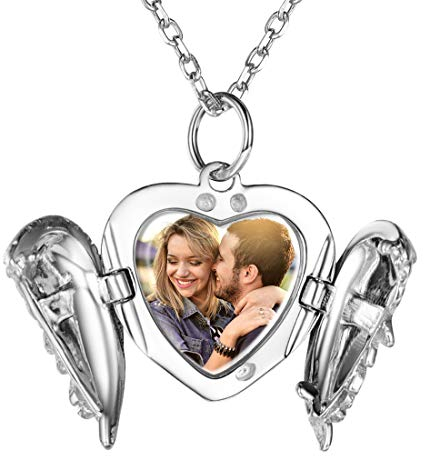 Custom4U Collier Pendentif Porte Photo à Personnaliser Collier Aile d’Ange Argent 925 avec Chaîne Réglable