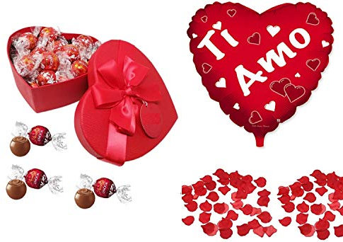 Scatola SAN VALENTINO a forma di cuore con 250 gr di cioccolatini al latte + 120 petali rossi a cuore e 1 palloncino GRANDE (45 cm) TI AMO e 20 palloncini a cuore rosso