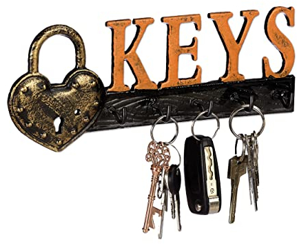 Relaxdays Schlüsselbrett, 5 Haken, Vorhängeschloss & Keys-Schriftzug, Gusseisen, Vintage, HBT 10x26x3 cm, orange/schwarz