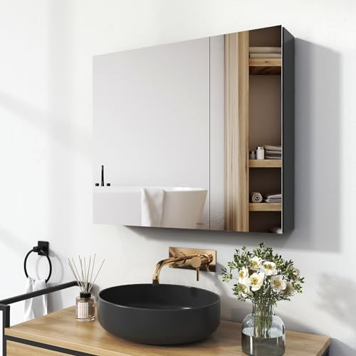 EMKE Spiegelschrank Bad, Badezimmer Spiegelschrank mit Spiegel, 75x65cm Badschrank Wandschrank mit höhenverstellbaren Glasablage (Grau Mattiert)
