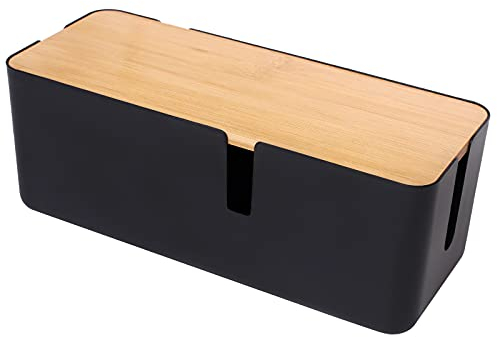Changsuo Kabelmanagement-Box mit Bambusdeckel, kleine Kabel-Organizer-Box für Verlängerungskabel, Netzstreifen, Überspannungsschutz, Drahtmanagement, Concealer, Abdeckung, Versteck (schwarz)