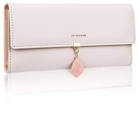 FT FUNTOR PU Leather Wallet for Women RFID Blocking Ladies Leaf Pendant Coin Zipper Long Purse with Multiple Card Slots and Card Holders Phone Pocket (L-Purple White)