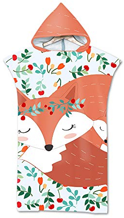 Hearda Schwimmen Surfen Strand Poncho, Saugfähiges Schnelltrocknend Kapuzenhandtuch, Mikrofaser 3D-Muster Kleidung wechseln Bademantel für Herren Damen (Fuchs,110x75cm)
