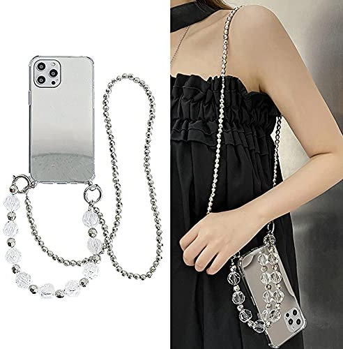 Crossbody Mirror Case Compatible with Apple iPhone XS Max Phone Cases Silicone TPU Bumper Frame with Diamond Handstrap Long Strap Shockproof Handbag Cover for Women Girls