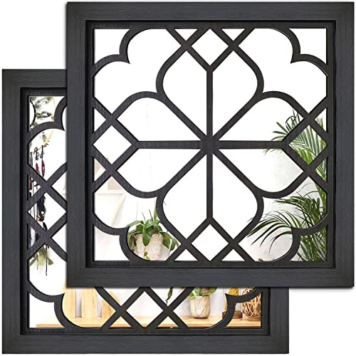 Wocred Quadratischer Wandspiegel, wunderschöner, rustikaler Bauernhaus-Akzentspiegel, schwarzer Eingangsspiegel für Badezimmer, Renovierung, Schlafzimmer, Wohnzimmer und mehr (30,5 x 30,5 cm), 2 Stück