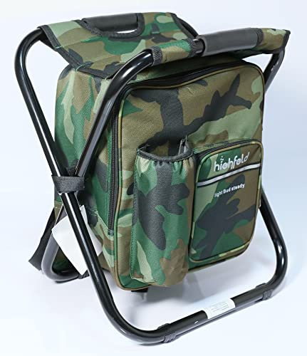 Highfeld® Sitzrucksack | Tragbarer 2-in-1 Camping Hocker | 36 x 29 x 41 cm | Eingebaute Kühltasche | Faltbarer Outdoor Hocker für Festival, Camping-Ausflüge und den Strand | Camouflage