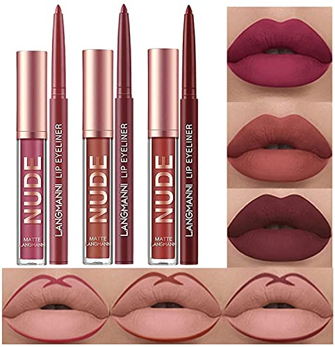 6 Stück Matt Lippenstift & Lip Liner Set, Velvety Nude Lipstick, Stay On 24 Hours Waterproof Non-Stick Cup Not Fade Liquid Lipstick, Lip Liner Lip Gloss Make Up Gift Set (Set D)